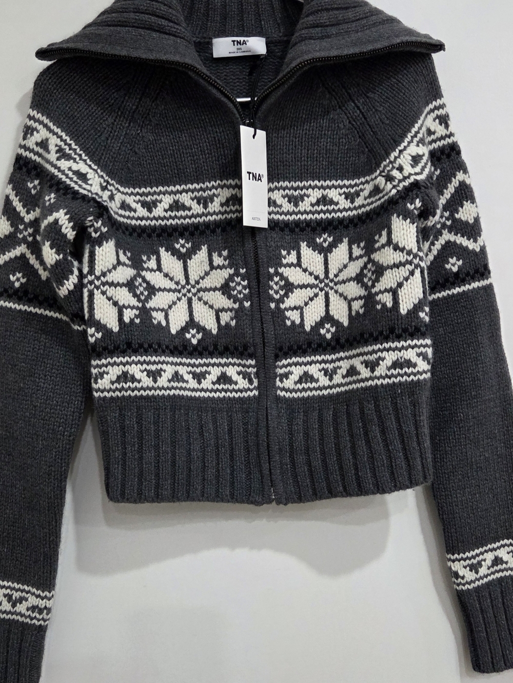 TNA Gray and Cream Zip-Up Nordic Knit Jacket